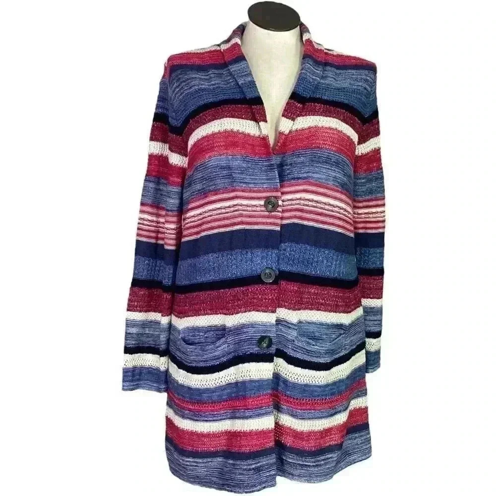 J Jill Sweater Womens L Blue Duster Cardigan Linen Cotton Long Sleeve Pocket